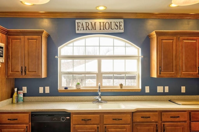 kitchen featuring crown molding, dishwasher, sink, and a wealth of natural light