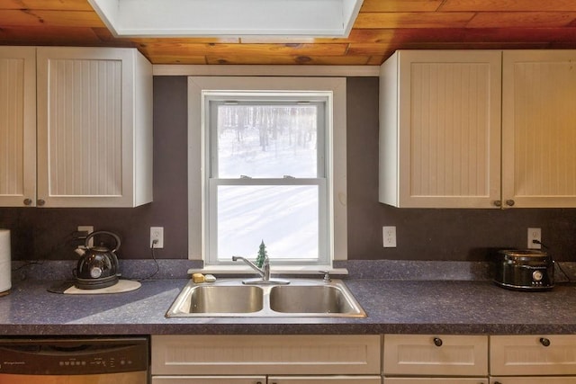 kitchen with white cabinets, dishwasher, dark countertops, wooden ceiling, and a sink