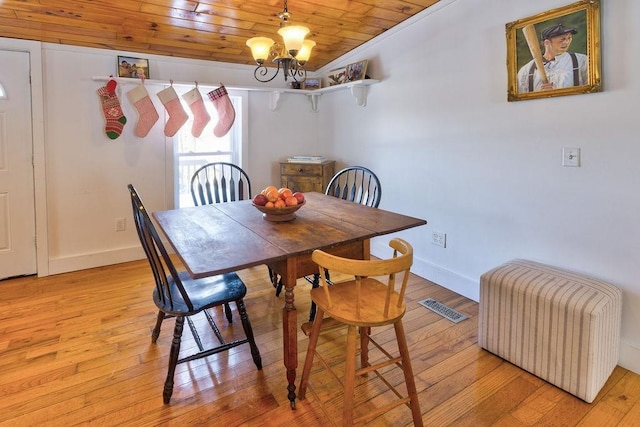 dining room featuring a chandelier, light wood-style flooring, wooden ceiling, and visible vents