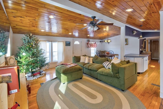 living room featuring visible vents, light wood-type flooring, wood ceiling, and recessed lighting