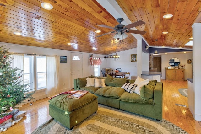 living area featuring lofted ceiling, light wood-type flooring, wooden ceiling, and a ceiling fan