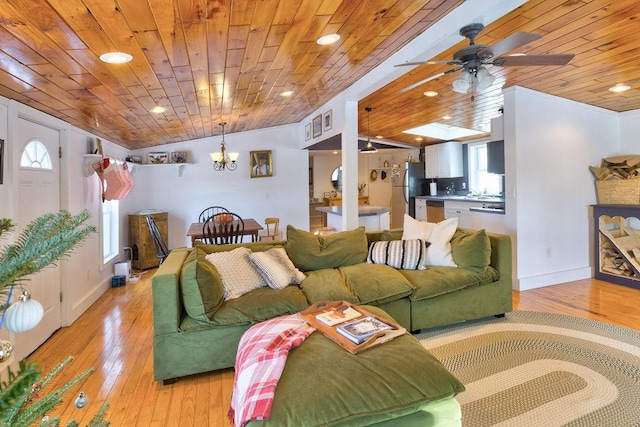 living room with lofted ceiling, light wood finished floors, a wealth of natural light, and wood ceiling