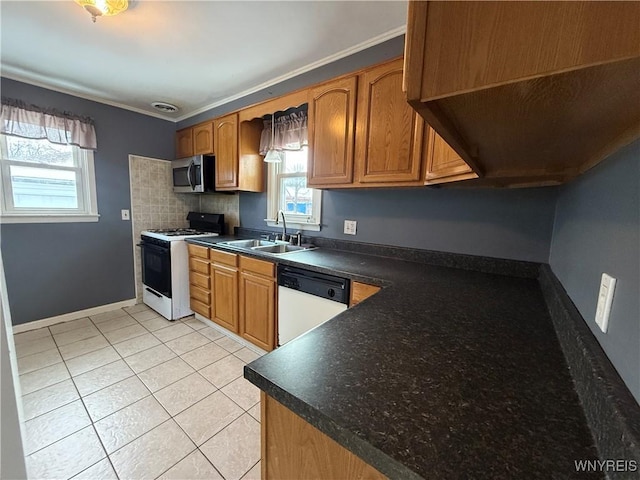 kitchen with white appliances, sink, decorative backsplash, light tile patterned floors, and ornamental molding