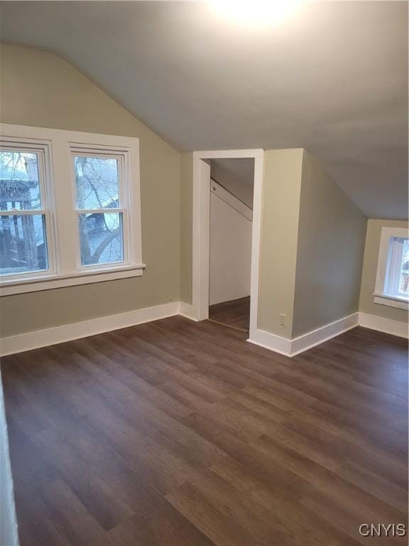 bonus room featuring dark hardwood / wood-style floors and lofted ceiling