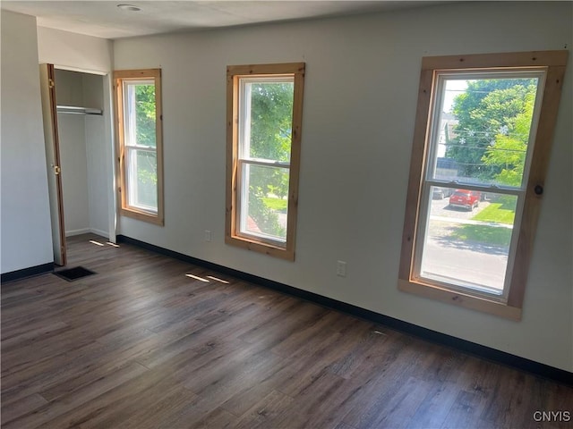 empty room featuring a wealth of natural light and dark wood-type flooring