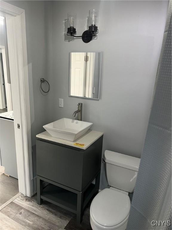 bathroom with wood-type flooring, vanity, and toilet