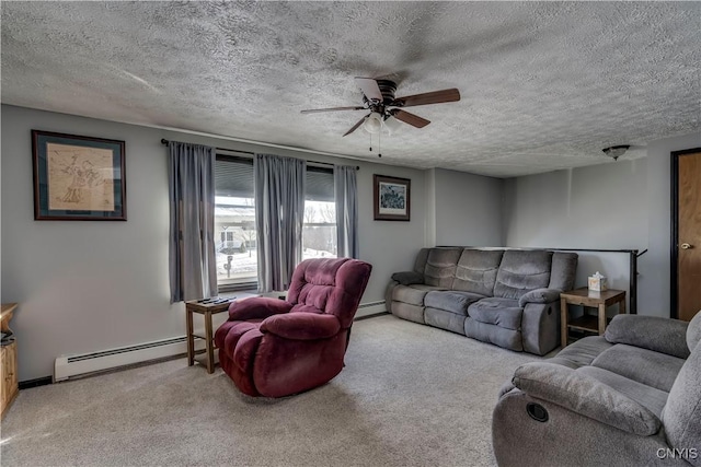 living room featuring a textured ceiling, ceiling fan, baseboard heating, and light carpet