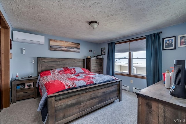 bedroom with a textured ceiling, light colored carpet, an AC wall unit, and baseboard heating