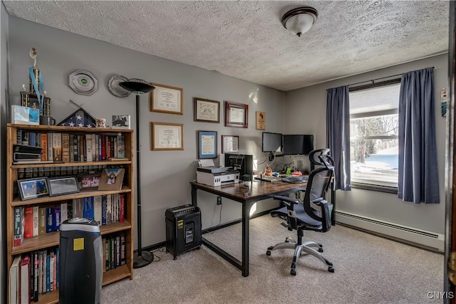 carpeted home office with a textured ceiling and a baseboard heating unit