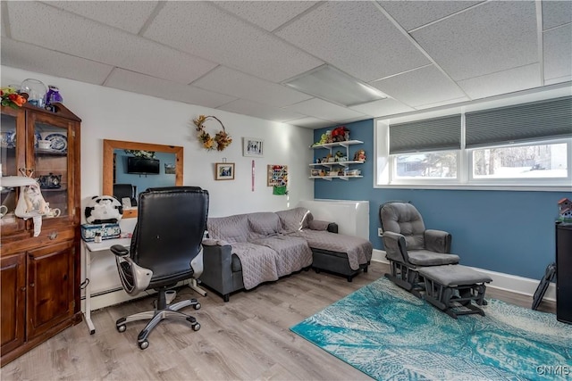 office with a drop ceiling and light hardwood / wood-style floors