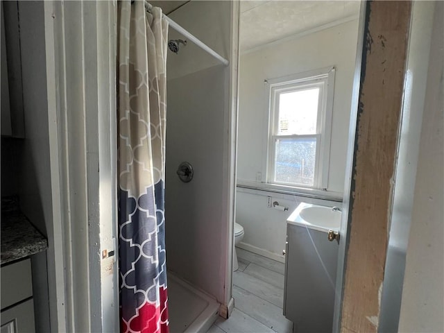 bathroom with a shower with curtain, vanity, and toilet