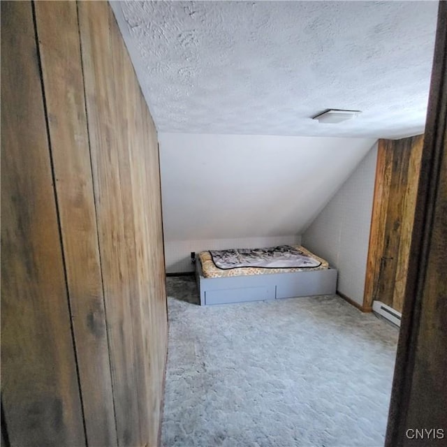 additional living space with light carpet, a baseboard heating unit, vaulted ceiling, and a textured ceiling