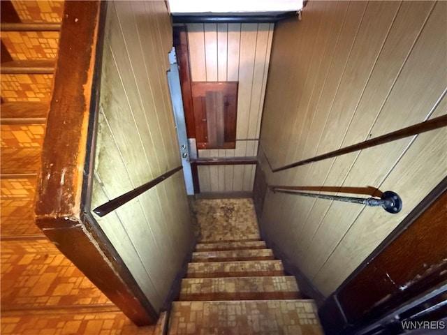 stairs featuring wood walls