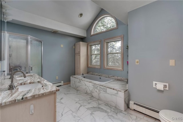 bathroom featuring vanity, baseboard heating, tiled tub, toilet, and lofted ceiling