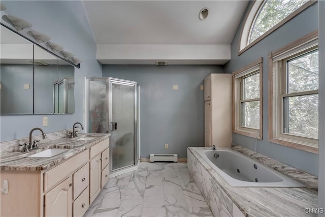 bathroom featuring baseboard heating, separate shower and tub, and vanity