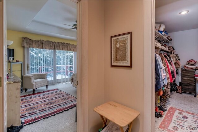 interior space with a raised ceiling, ceiling fan, and carpet floors