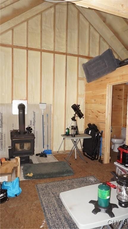 interior space with a wood stove and wooden walls