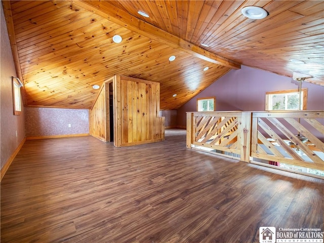 additional living space featuring lofted ceiling with beams, wood ceiling, and dark hardwood / wood-style floors