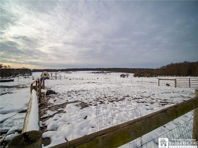 yard covered in snow featuring a rural view