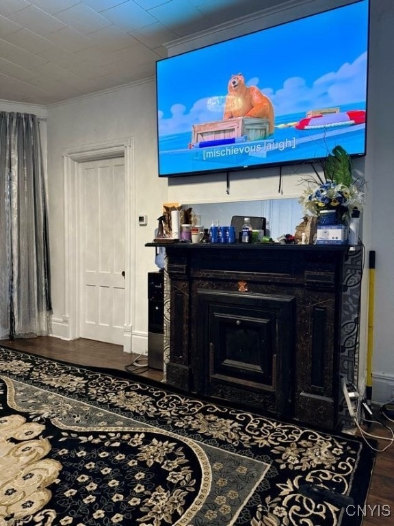 living room featuring crown molding and hardwood / wood-style flooring