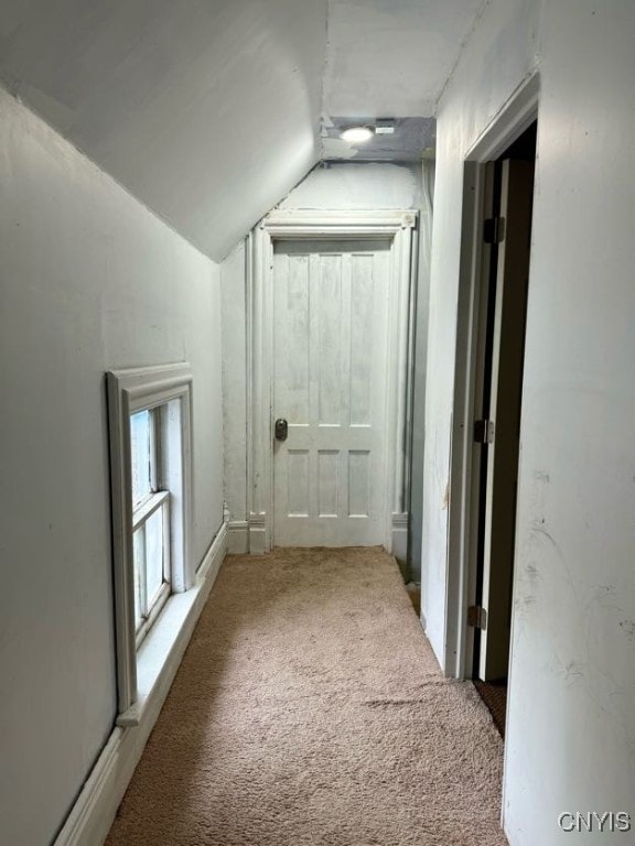 corridor featuring carpet floors and lofted ceiling