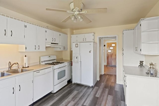 kitchen with dark hardwood / wood-style flooring, white appliances, ceiling fan, sink, and white cabinetry