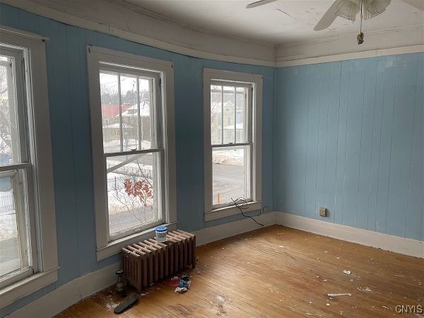 spare room featuring ceiling fan, light wood-type flooring, and radiator heating unit