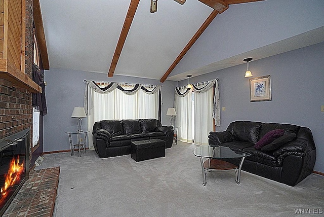 living room featuring a brick fireplace, carpet, ceiling fan, and vaulted ceiling with beams