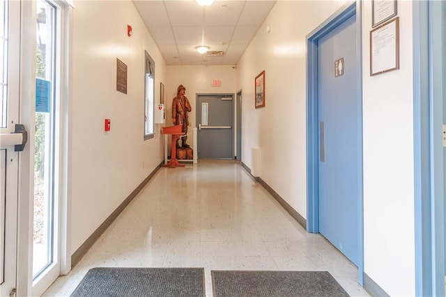 hall featuring a drop ceiling