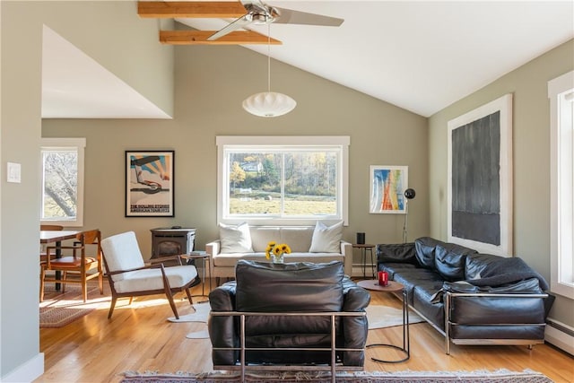 living room featuring light hardwood / wood-style flooring, a wood stove, plenty of natural light, and ceiling fan