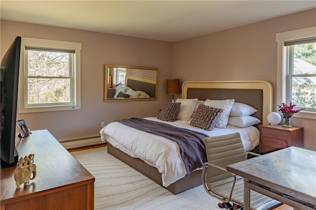 bedroom with baseboard heating and multiple windows