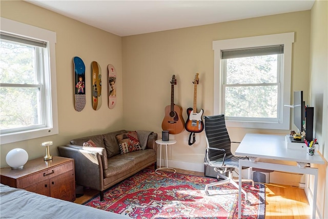 home office with light hardwood / wood-style flooring and plenty of natural light