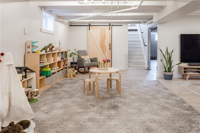 basement featuring hardwood / wood-style flooring and a barn door