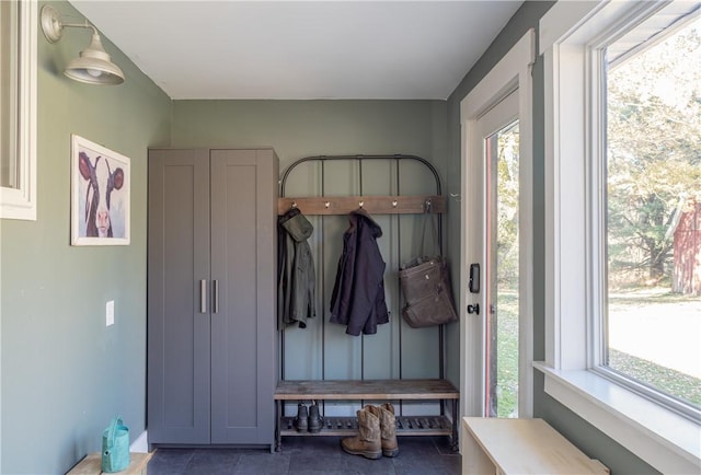 mudroom featuring dark tile patterned floors