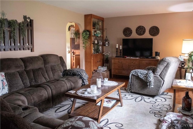 living room featuring arched walkways