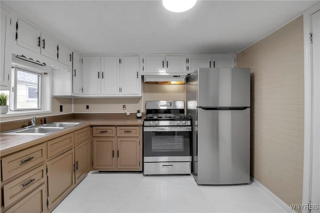 kitchen featuring a sink, appliances with stainless steel finishes, white cabinets, and under cabinet range hood