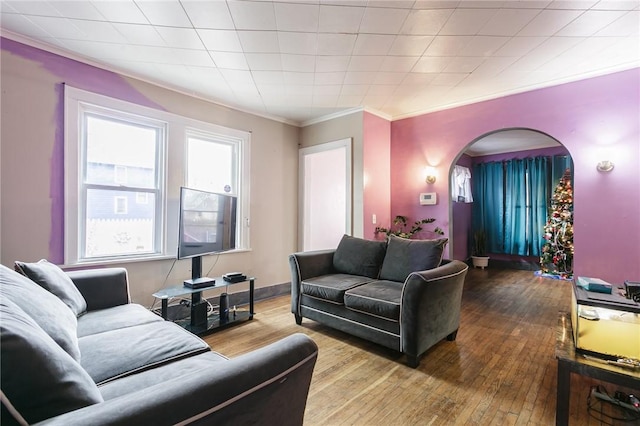 living room with hardwood / wood-style flooring and crown molding