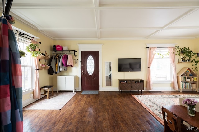 foyer with hardwood / wood-style floors and coffered ceiling