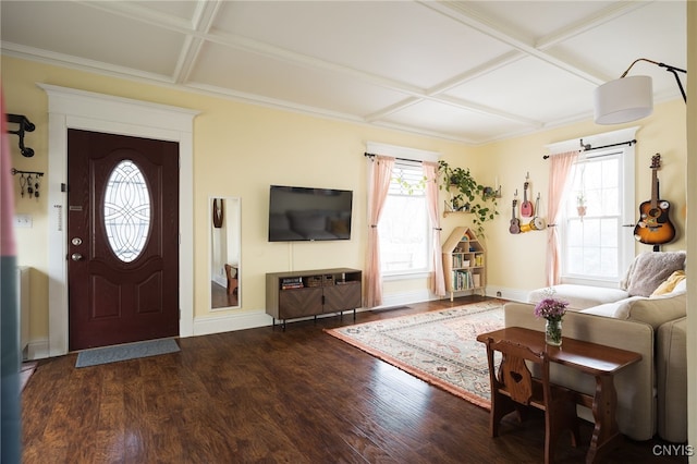 living room with beamed ceiling, coffered ceiling, and hardwood / wood-style flooring