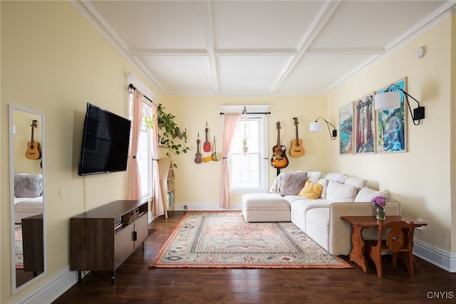 living room with beam ceiling, dark hardwood / wood-style flooring, and coffered ceiling