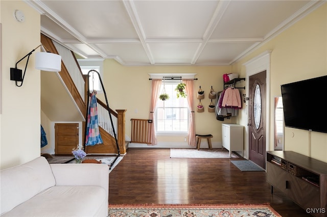 living room featuring beam ceiling, wood-type flooring, crown molding, and coffered ceiling