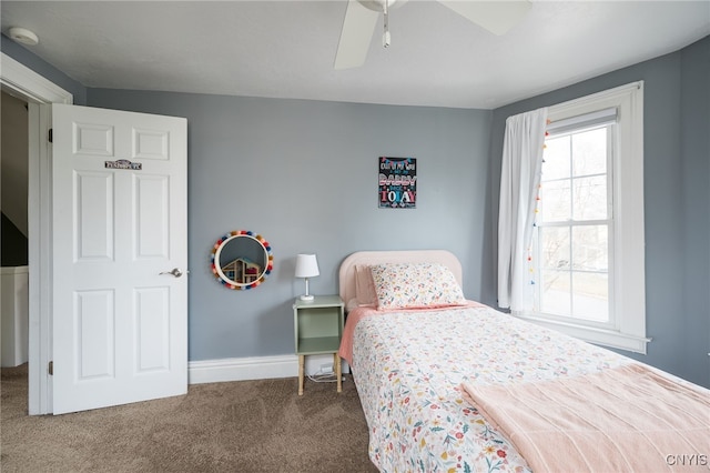 bedroom featuring ceiling fan and carpet floors