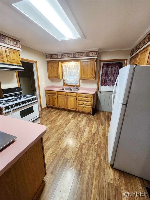 kitchen with sink, white appliances, and light hardwood / wood-style flooring