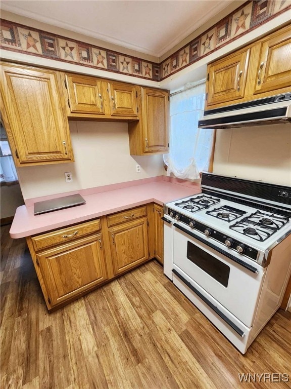 kitchen with white gas range and light wood-type flooring