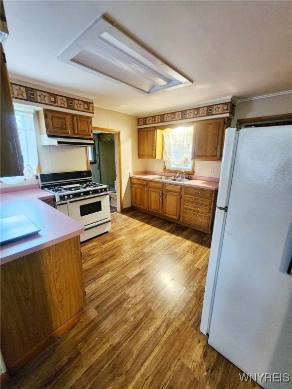 kitchen with light hardwood / wood-style floors, white appliances, sink, and ornamental molding