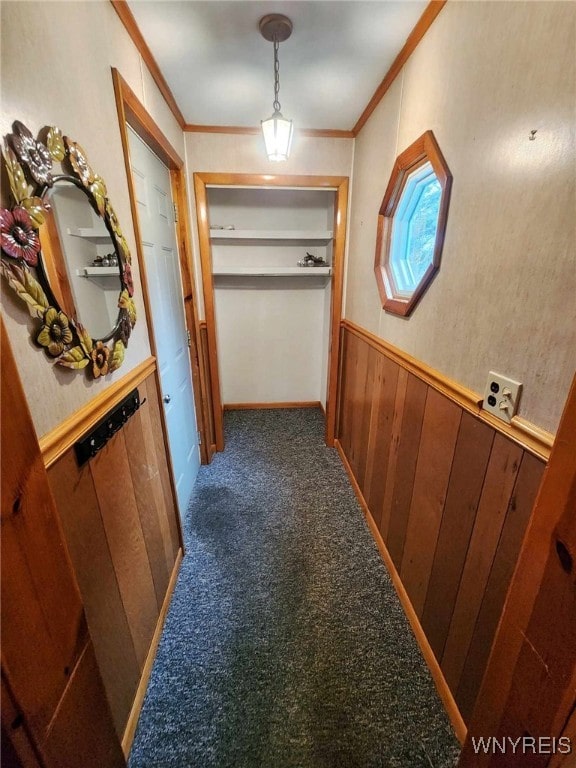 corridor with wooden walls, dark carpet, and ornamental molding