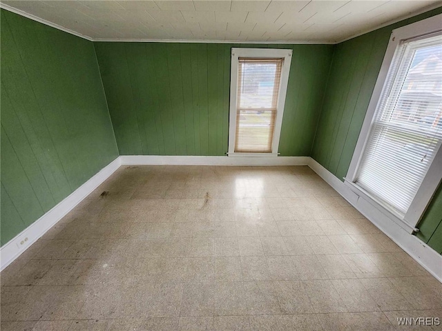 spare room featuring wood walls and ornamental molding