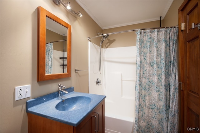 bathroom with shower / bath combination with curtain, vanity, and crown molding