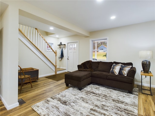 living room with hardwood / wood-style flooring