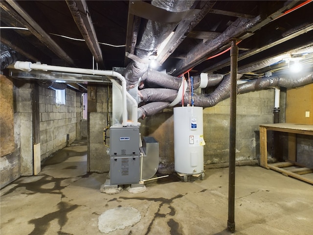 utility room featuring electric water heater, heating unit, and electric panel